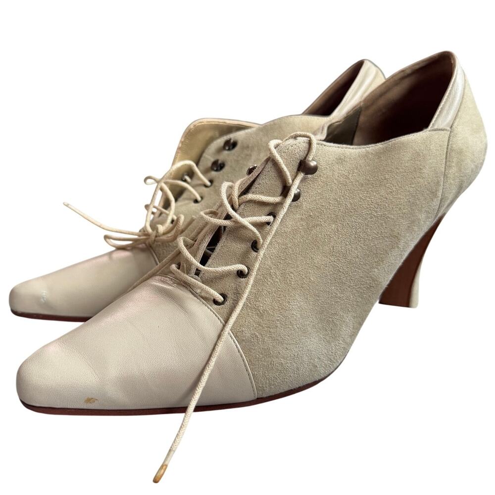 Larry Stuart II Vintage Ivory Suede Leather Lace Up Heels Sz. 10 M Made in Italy